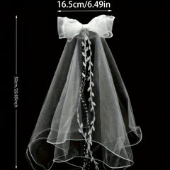 Bow Bridal Veil with Tassel & Leaf Pattern Double Layer Mesh Wedding Headpiece