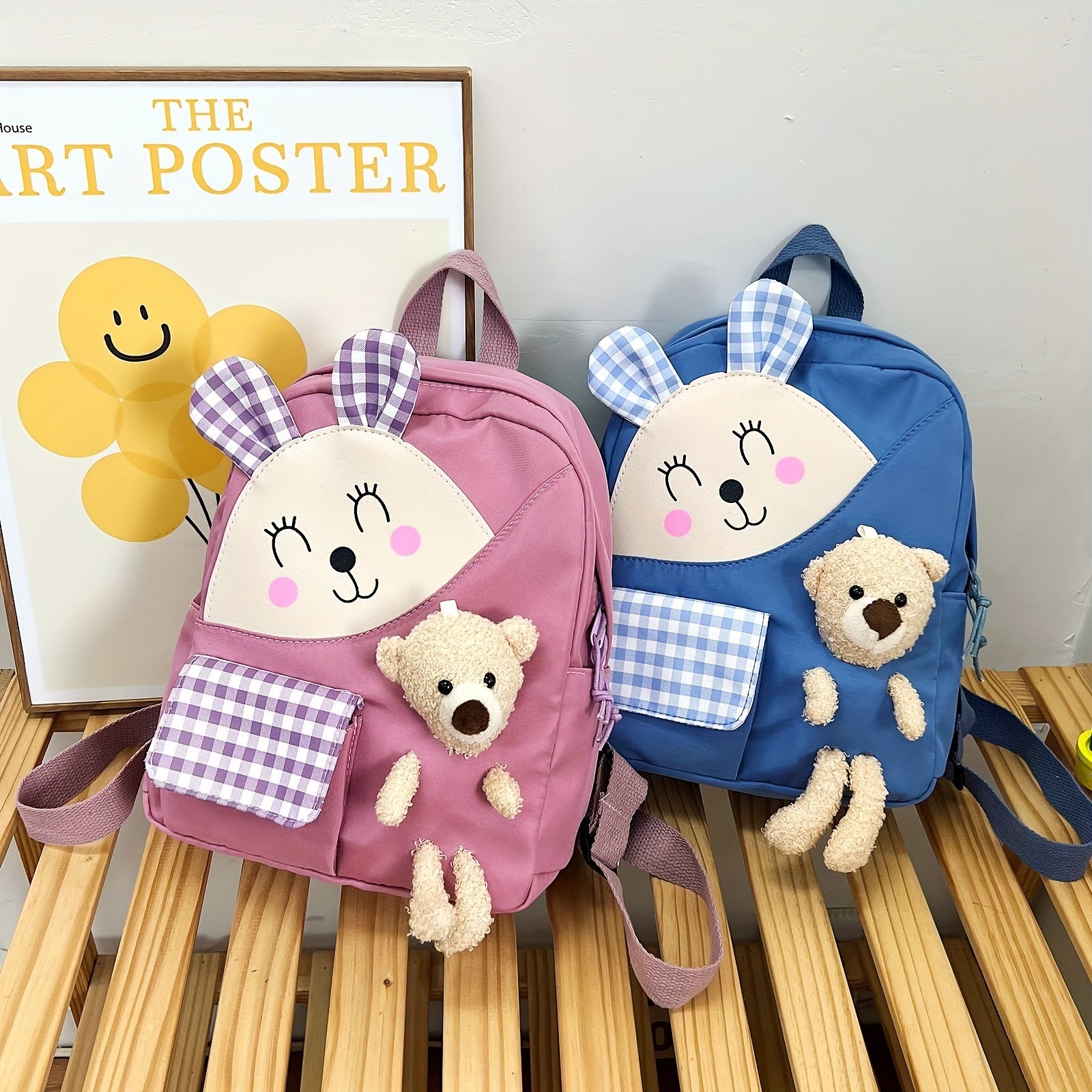 Kids Cartoon Rabbit Plaid Backpack With Teddy Bear Plush