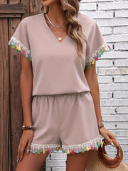 Tassel Trim Two Piece Set V Neck Blouse & Shorts Outfit