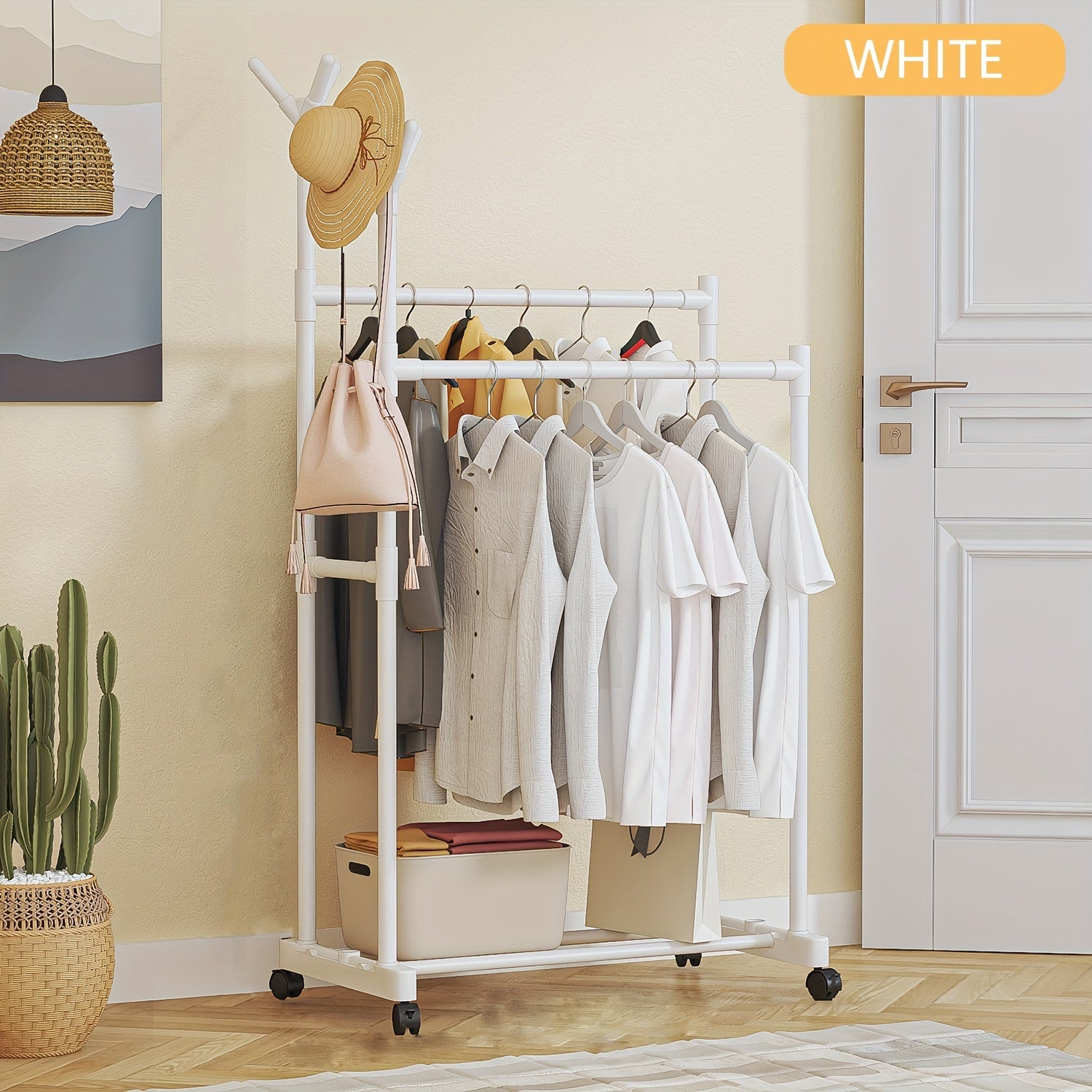 Double pole Coat Rack With Pulley 2 layer Clothes Rack Floor standing Coat Rack
