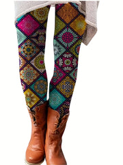 Floral Print Skinny Leggings Boho Elastic Waist Stretchy Leggings