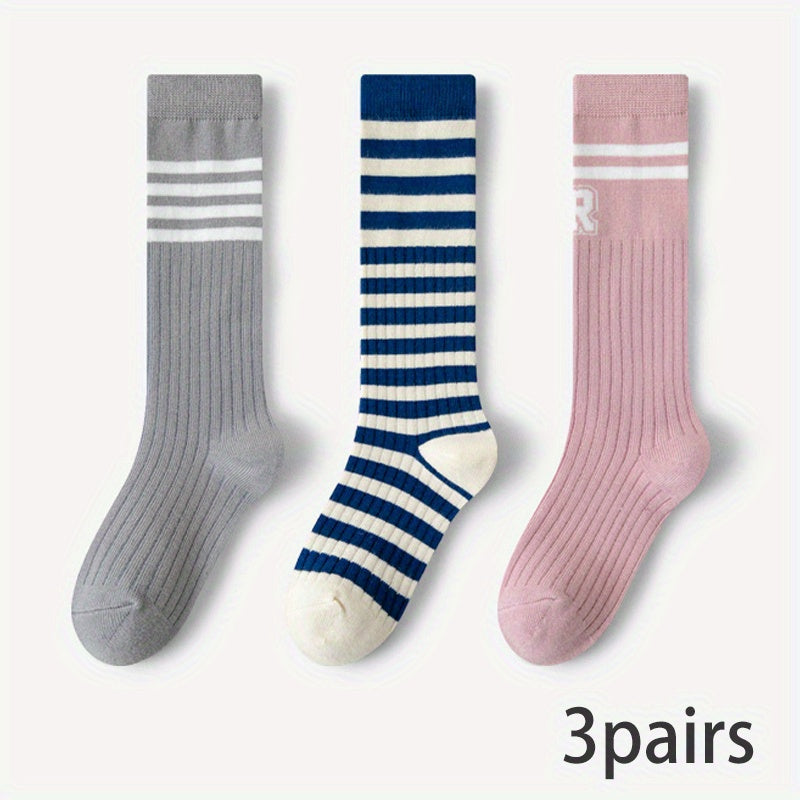 5 Pairs Girls Kids Knee High Calf Socks, Letters Print Striped, Spring Autumn