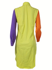 Colorblock Long Sleeve Polo Neck Shirt Dress