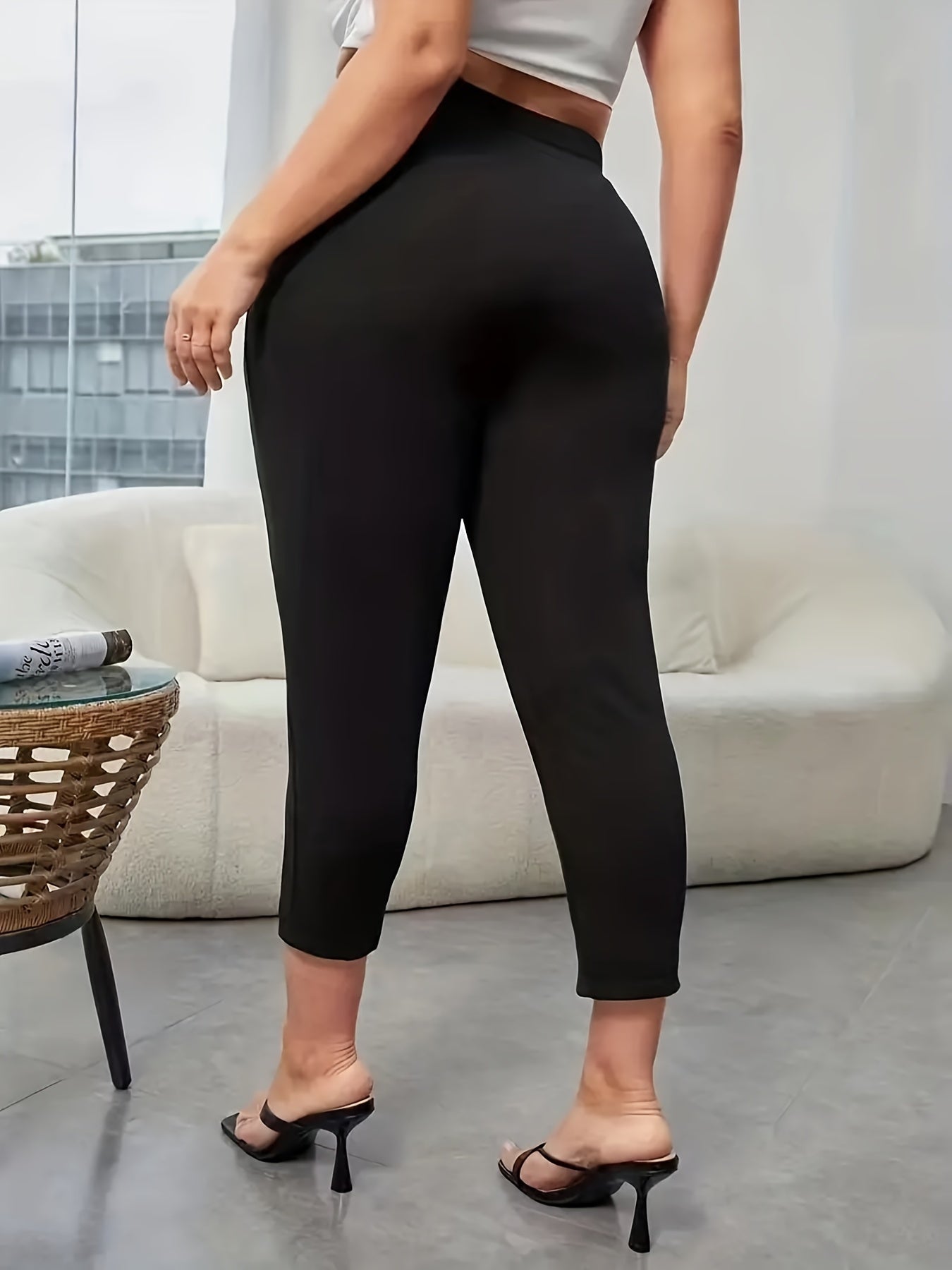 Solid Cropped Pants Slim High Waist Casual