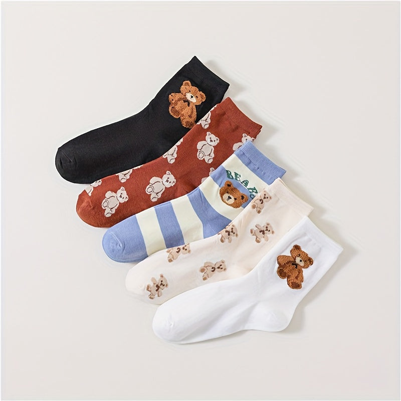 5 Pairs Cartoon Bear Print Socks Women's Stockings