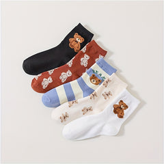 5 Pairs Cartoon Bear Print Socks Women's Stockings