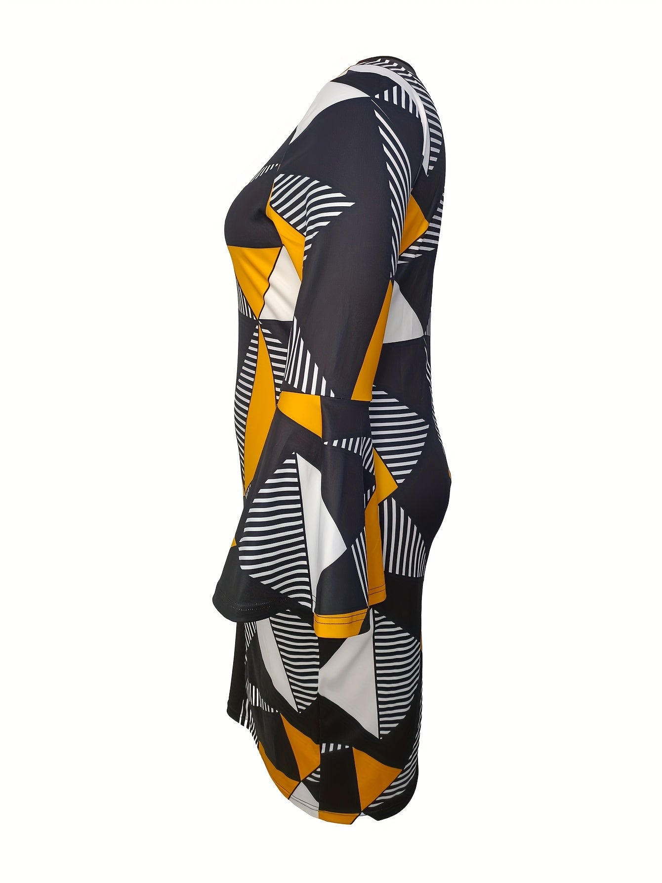 Colorblock Geo Print Bell Sleeve Round Neck Bodycon Dress