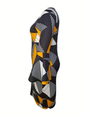 Colorblock Geo Print Bell Sleeve Round Neck Bodycon Dress