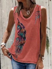 Western Feather Print Tank Top Sleeveless Crew Neck Casual Tops