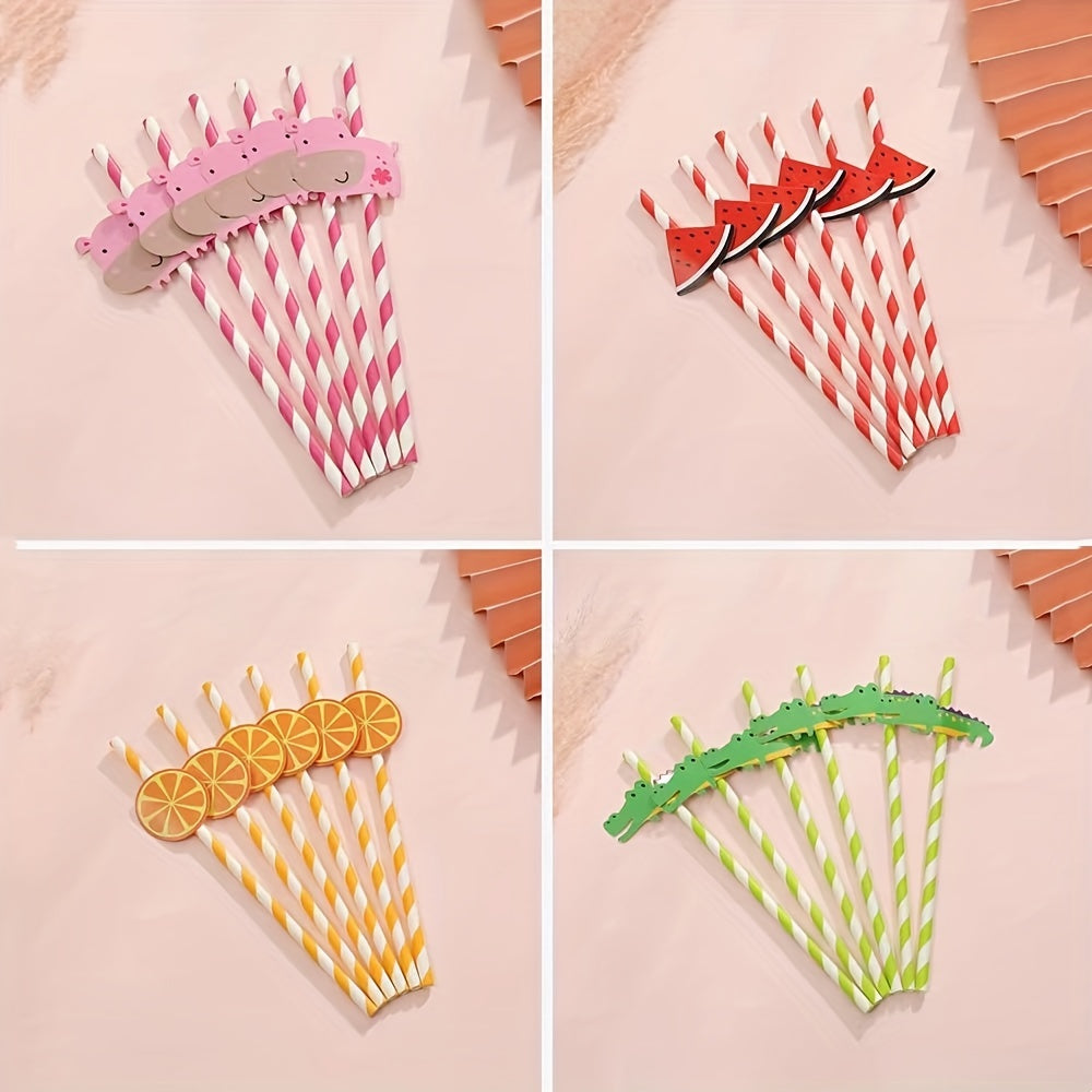 6pcs Disposable Paper Straw Fruit Animal Decoration Degradable