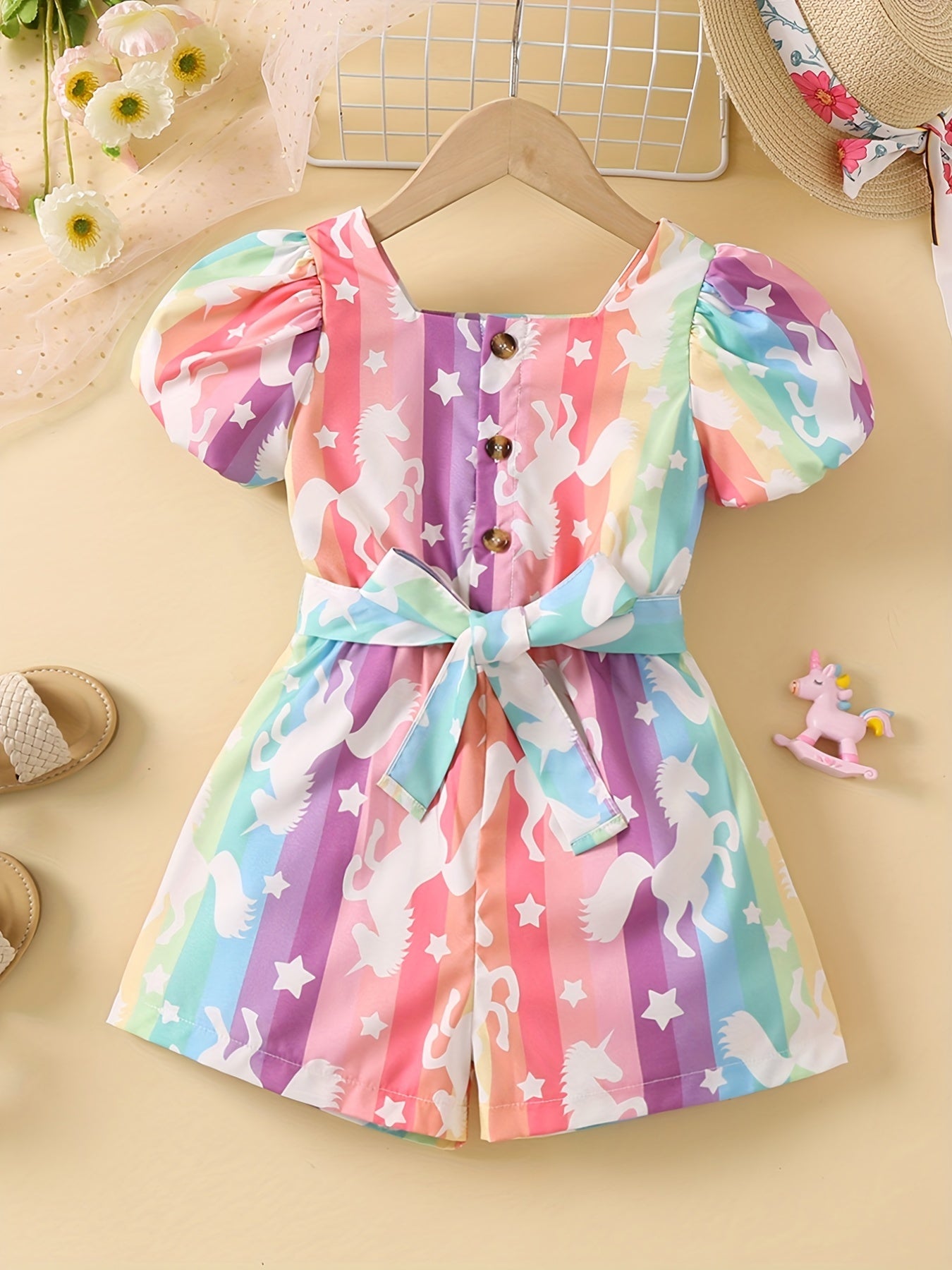 Toddler Girls Puff Sleeve Button Rainbow Unicorn Graphic Belted Rompers