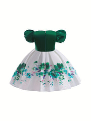 Boho Flowers Formal Dress With Bow And Puff Sleeve For Little Girls