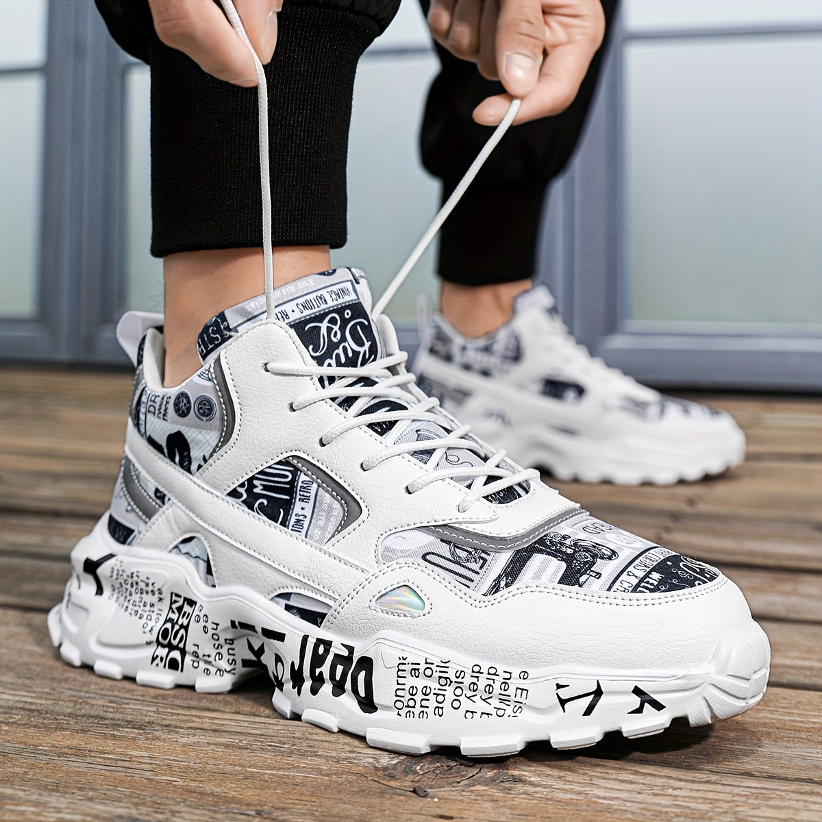 Graffiti Print Faux Leather Heighten Chunky Sneakers