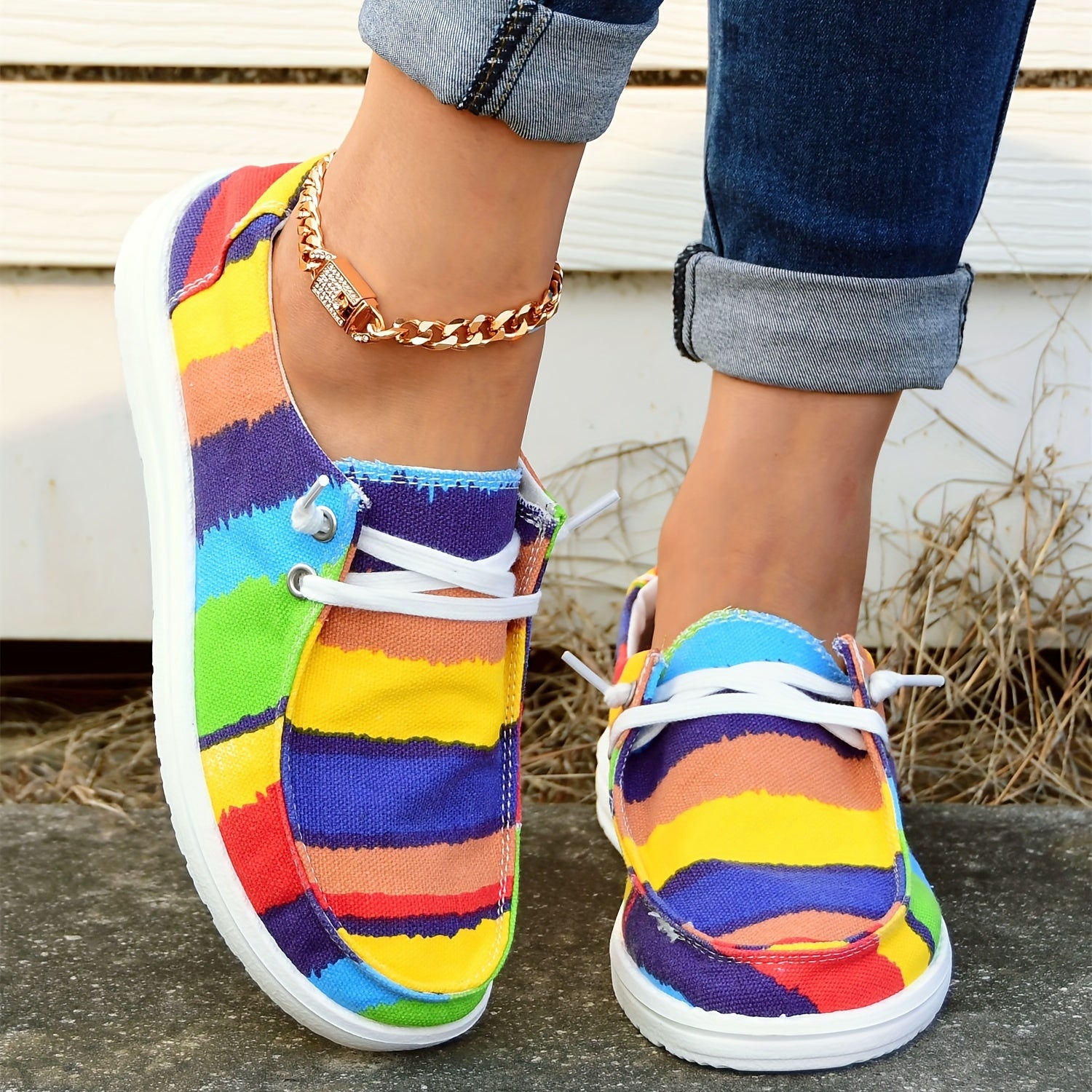Rainbow Striped Boat Shoes Lace Up Platform Skate Shoes