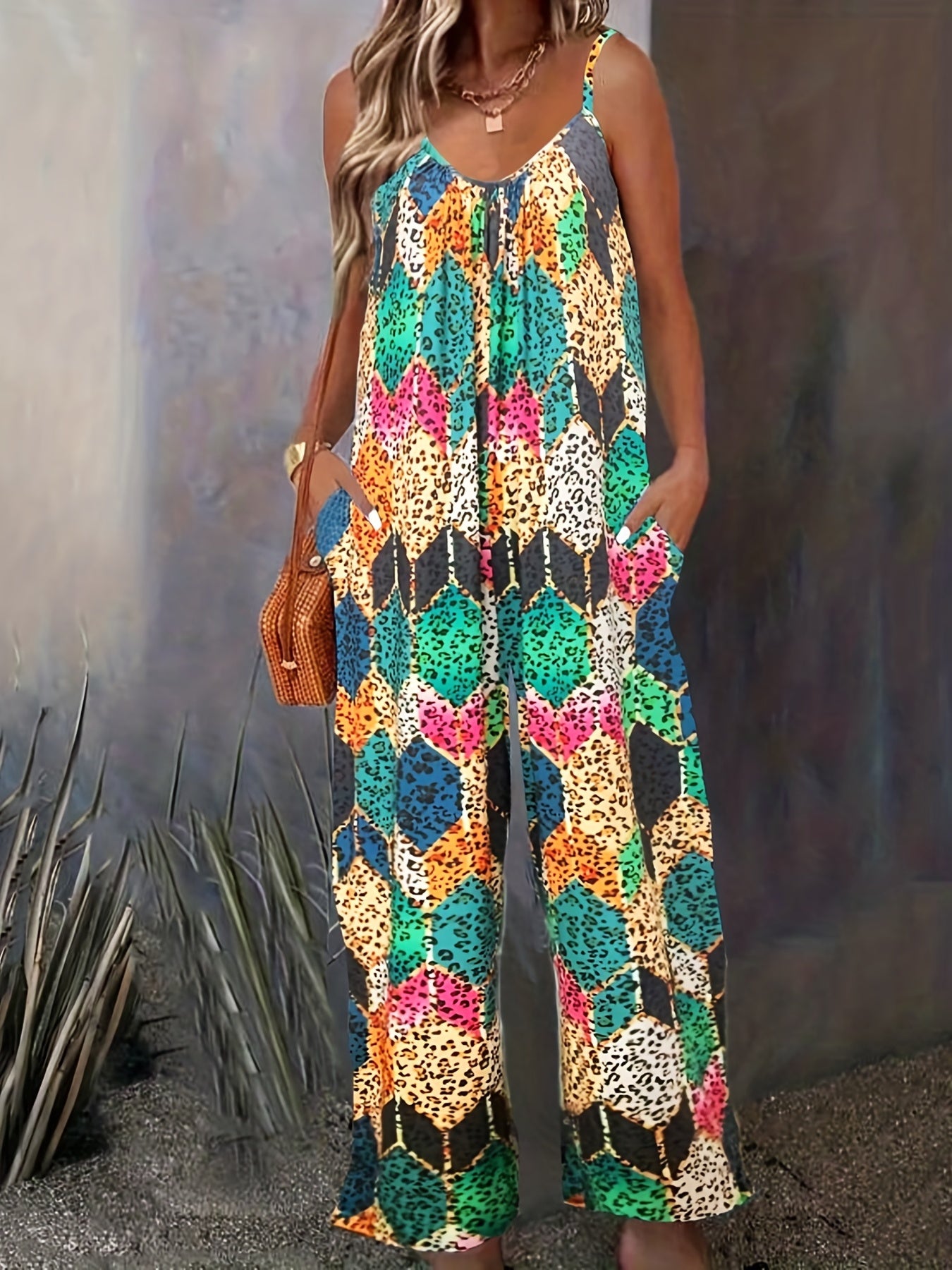 Sexy Geometric & Leopard Print V Neck Wide Leg Jumpsuit
