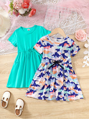 2pcs Camo & Solid Dress for Girls Casual Playwear Dress with Pockets