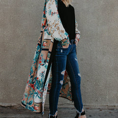 Floral Print Chiffon Long Sleeve Cover Up Beach Cardigan