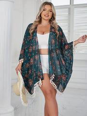 Floral Print Tassel Trim Bat Sleeve Beach Cover Up