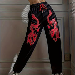 Dragon Print Drawstring Waist Sweatpants for Women