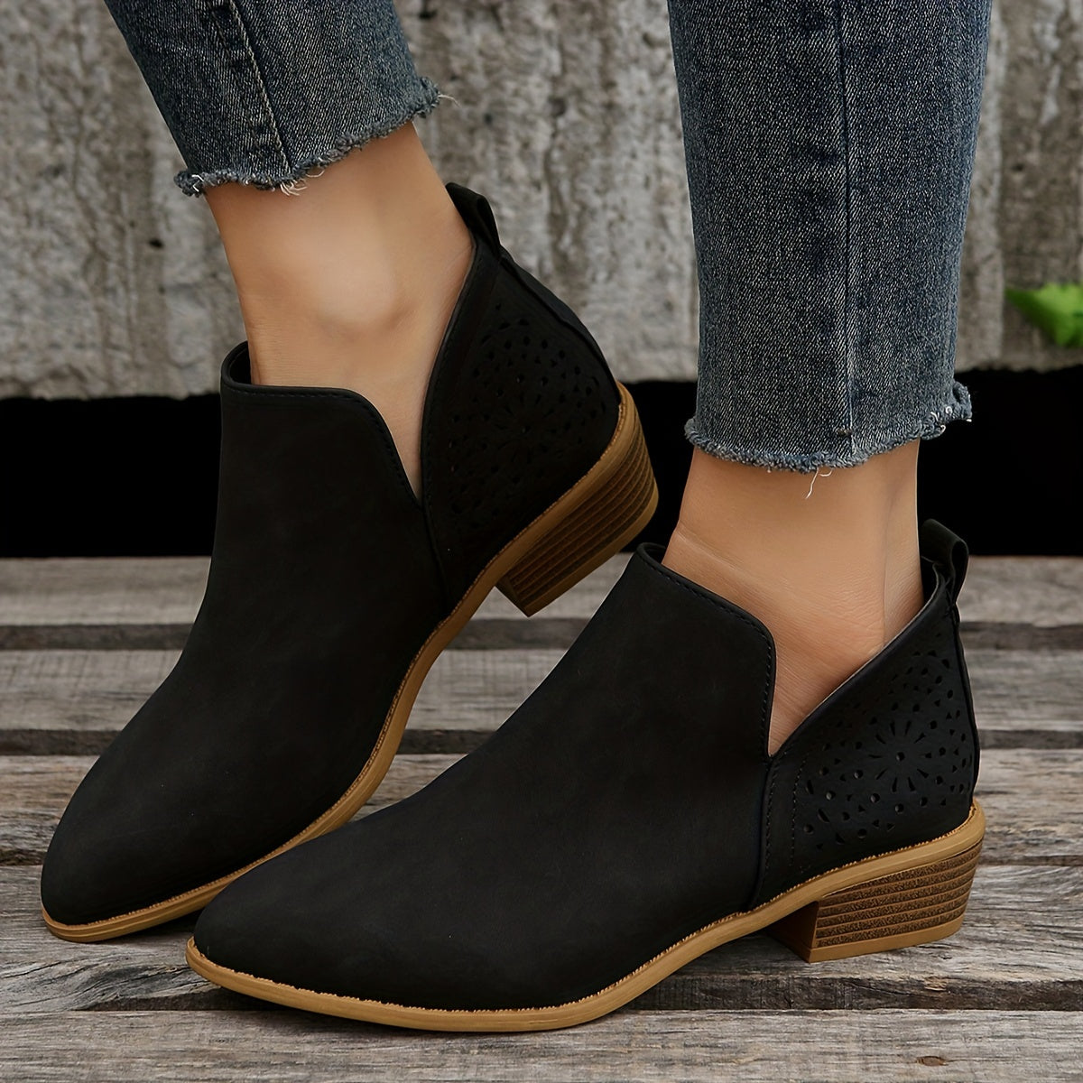 Women's Perforated Short Boots Retro Pointed Toe Stacked Chunky Heels
