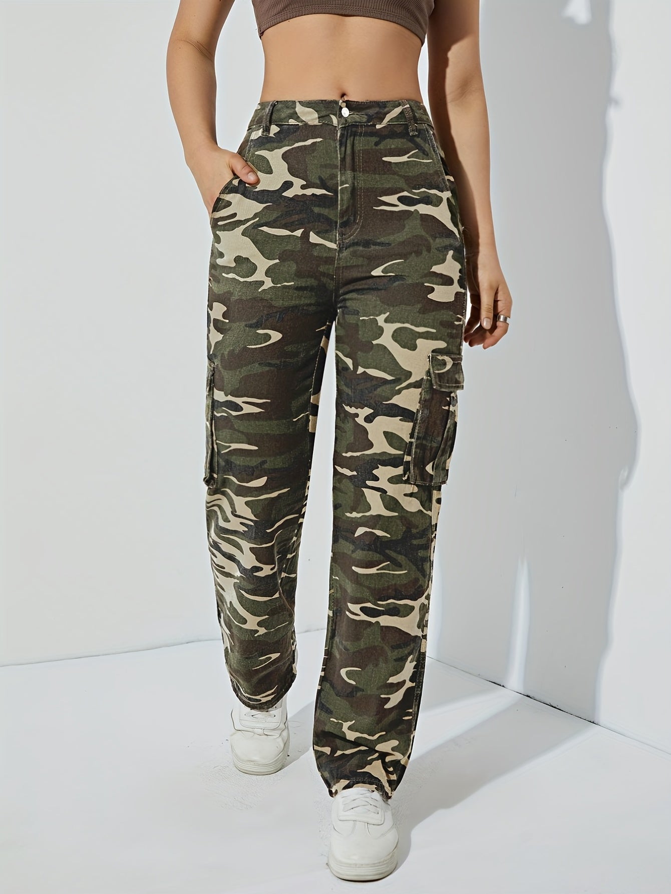 High Waist Wide Leg Denim Pants with Flap Pockets