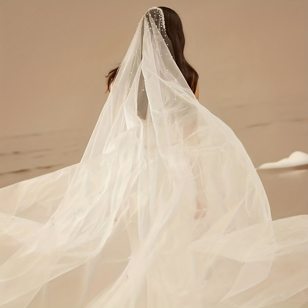 Bride Veil With Hair Comb Wedding Dress Artificial Pearl Trailing Veil
