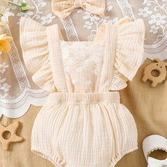 2pcs Baby Girls Lace Ruffle Trim Onesie & Headband Set Clothes