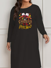 Lounge Dress Women's Plus Cup & Slogan Print Long Sleeve Tee Dress