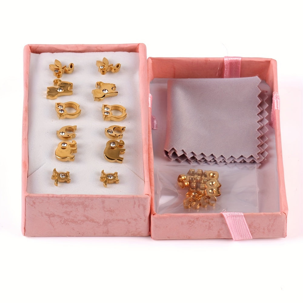 6Pairs Box Animal Stud Earrings Rhinestone Ear Jewelry For Girls Birthday