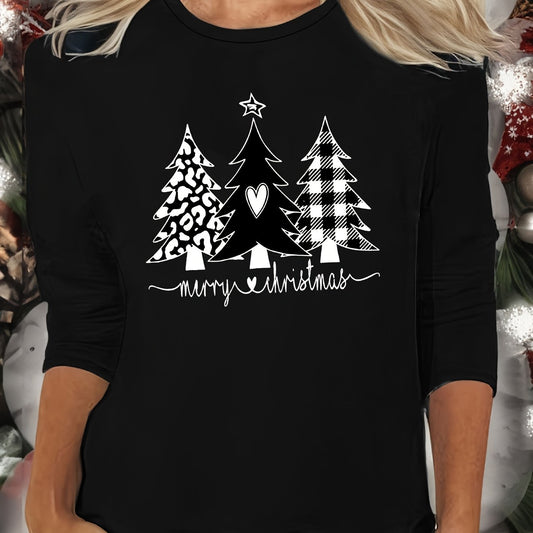 Christmas Tree Print Lounge Top Long Sleeve Crew Neck Women's Sleepwear