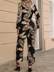 Tropical Print Surplice Neck Jumpsuit Long Sleeve Wide Leg Jumpsuit