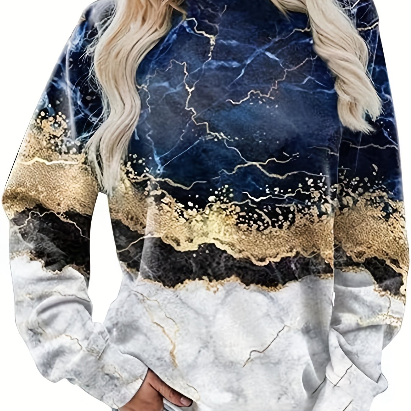 Marble Print Crew Neck Sweatshirt Long Sleeve Casual Top