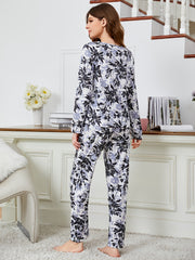 Women's Leaves Print Warm Long Sleeve Pajama Set