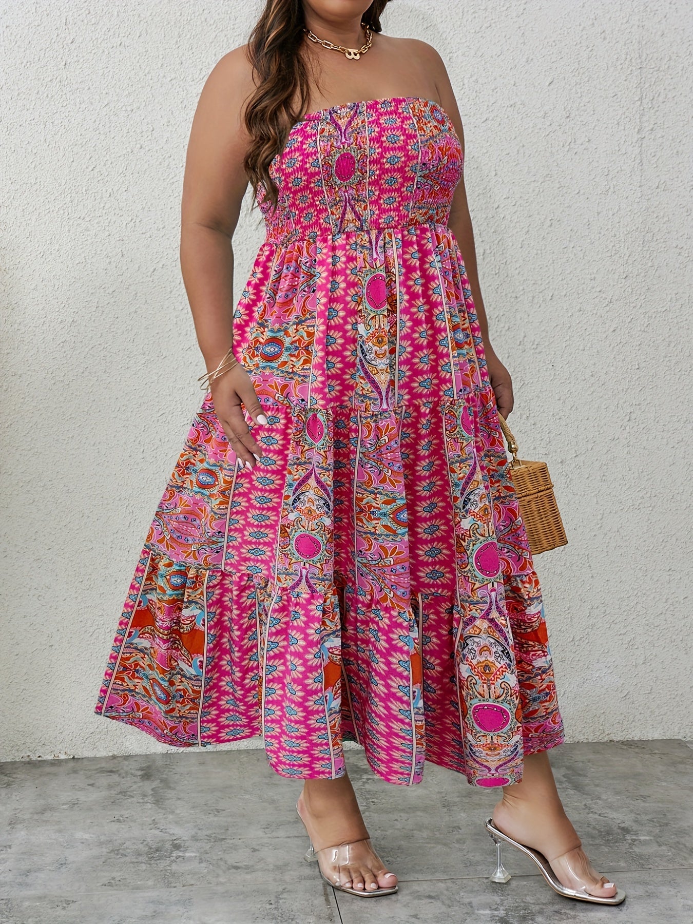 Boho Tube Dress Women's Plus Shirred Tribal Print Ruffle Trim