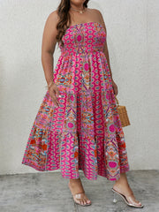 Boho Tube Dress Women's Plus Shirred Tribal Print Ruffle Trim