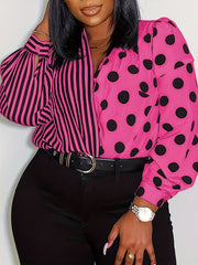 Colorblock Striped Polka Dot Plus Size Shirt
