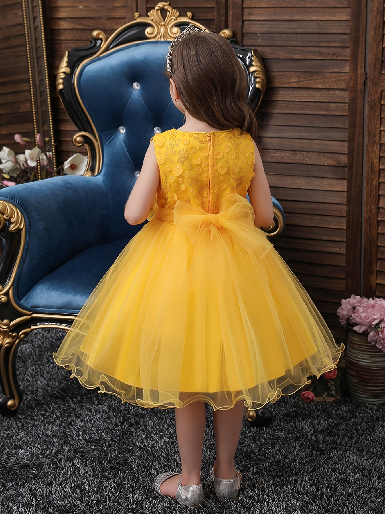 Girls Princess Dress Bow Sequin Tulle Tutu Dress Wedding Flower Girls