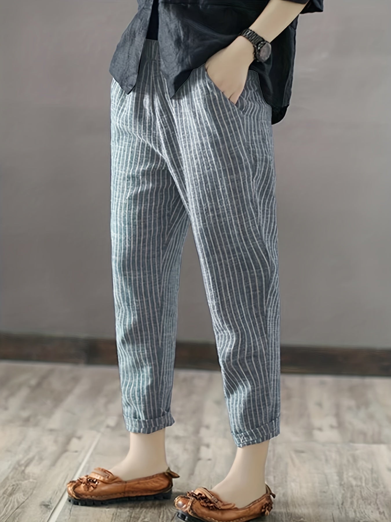 Stripe Print Cropped Pants Elastic Waist Spring & Fall Women's Clothing