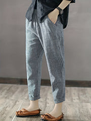 Stripe Print Cropped Pants Elastic Waist Spring & Fall Women's Clothing