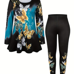 Women's Plus Butterfly Print Top & Leggings 2 Piece Set