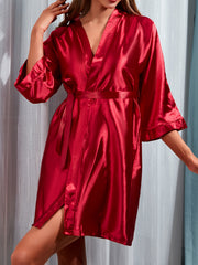 Satin V Neck Night Robe 3 4 Sleeve with Belt