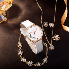 6pcs Fashionable Digital Leather Quartz Watch Set