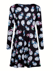 Plus Size Christmas Snowman Print Long Sleeve Mini Dress