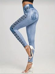 Faux Denim Print Hip Lifting Yoga Pants High Stretch Leggings