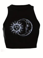 Funny Sun & Moon Graphic Crop Tank Top