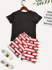 Boys 2pcs T shirt & Shorts Set ALL AMERICAN BOY Stripe Star Crew Neck Tee