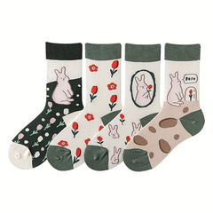 4 Pairs Bunny & Floral Print Socks Women's Stockings