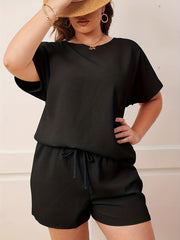 Women's Plus Solid Short Sleeve Top & Tie Shorts Two Piece Set