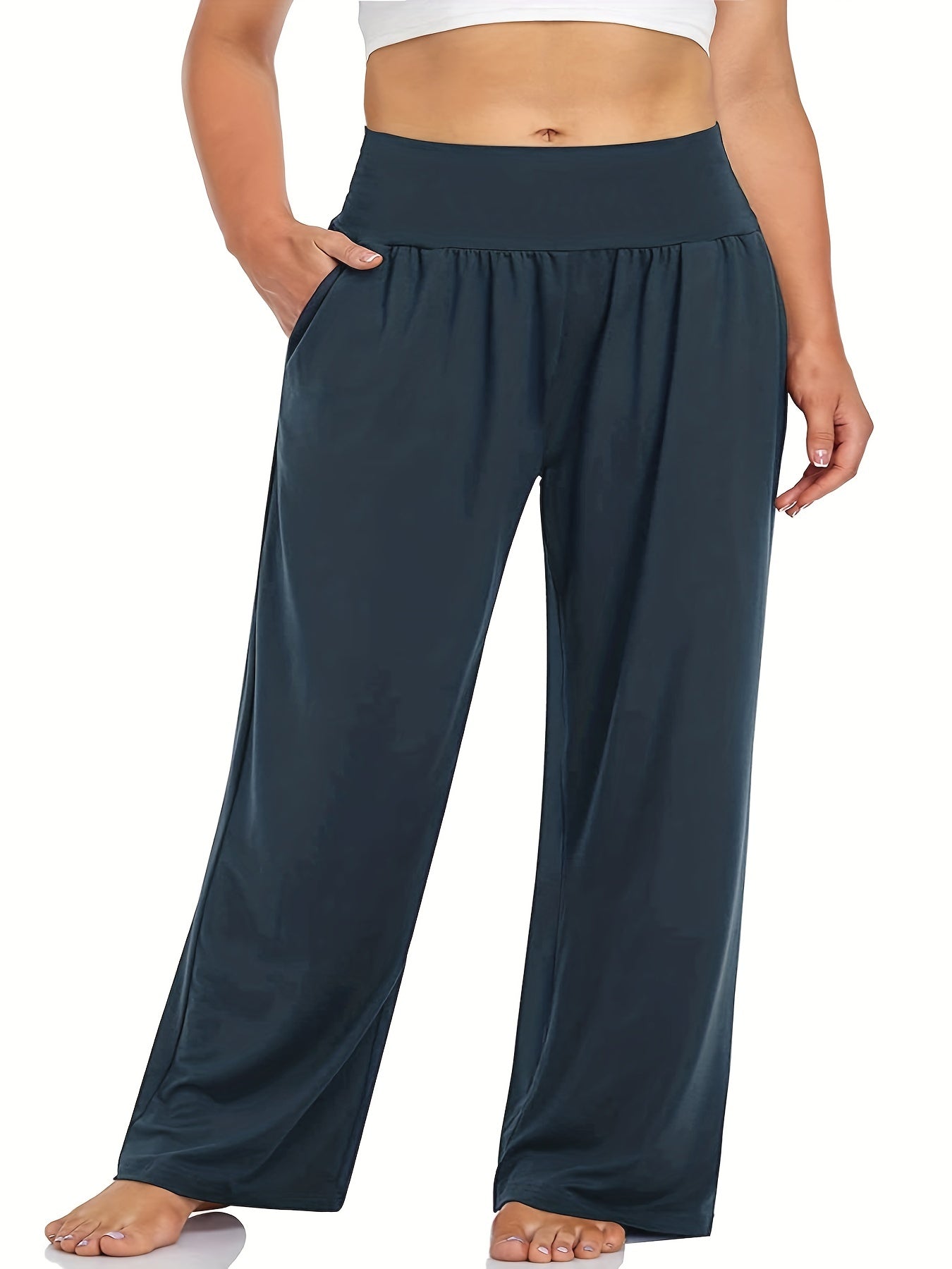 Wide Leg Pants Stretch High Waist Pockets