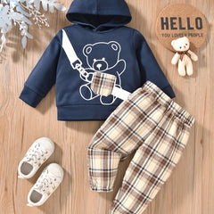 Baby Boy Bear Print Hooded Sweatshirt Plaid Pants 2pcs Set